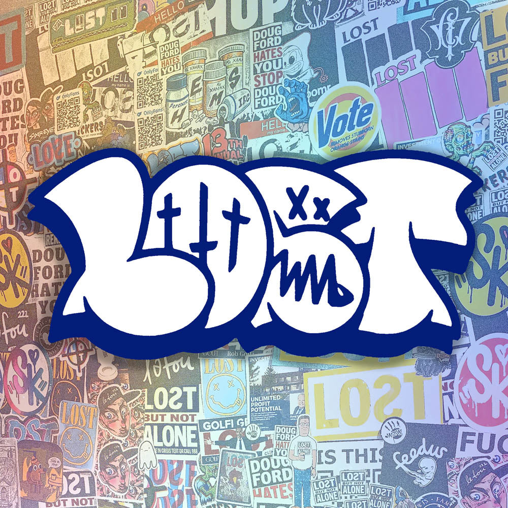 The large graffiti throwie sticker by LOST. A simple two color die cut design featuring the graffiti style word LOST in in bright white with a thick blue outline and 3D shadow effect. The sticker is set against a wall of stickers by graffiti artists from around the world.