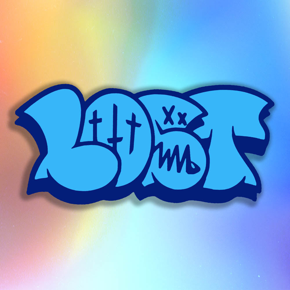 The large graffiti throwie sticker by LOST. A simple two color die cut design featuring the graffiti style word LOST in in sky blue with a thick dark blue outline and 3D shadow effect. The sticker is set against a holographic rainbow background.