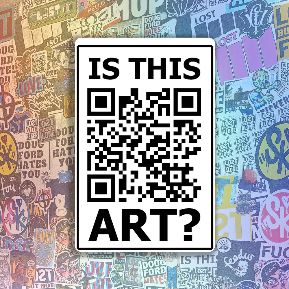 Is This Art sticker by LOST. Black and white design featuring a QR code and the question - is this art? A wall of colorful graffiti stickers provides a unique background for the sticker.