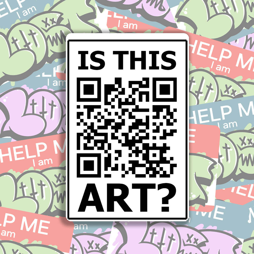 Is This Art sticker by LOST. Black and white design featuring a QR code and the question - is this art? A wall of colorful graffiti stickers provides a unique background for the sticker.