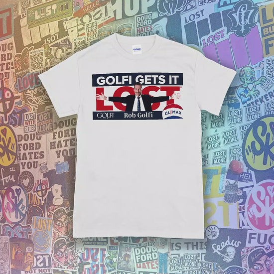 Golfi Gets It Lost t-shirt design by Lost Streetwear. Full color design displayed on an assortment of color shirts.