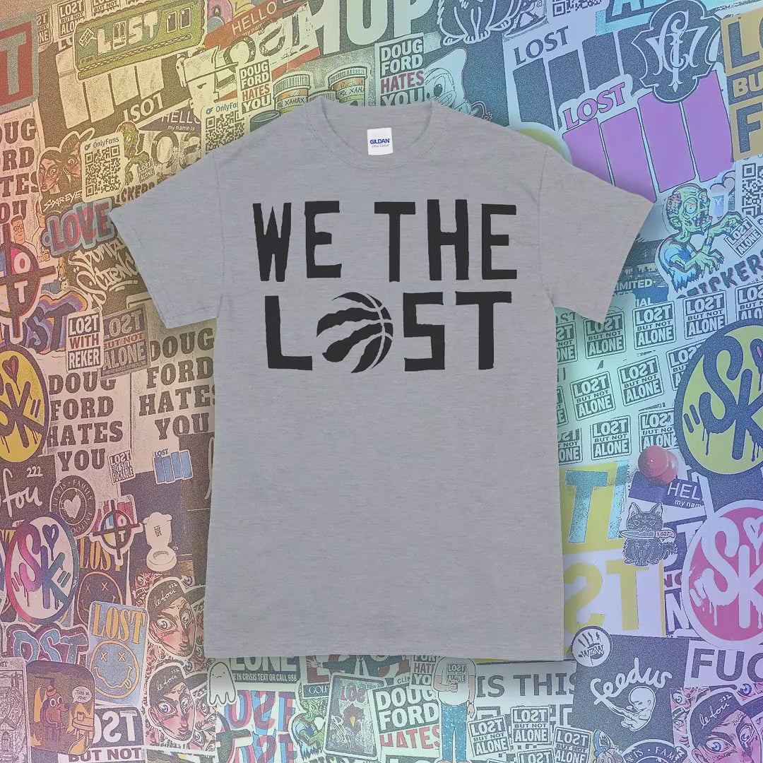 The We The Lost t-shirt. Bold black lettering and raptor claw design screen printed onto a rainbow of fun colored shirts.