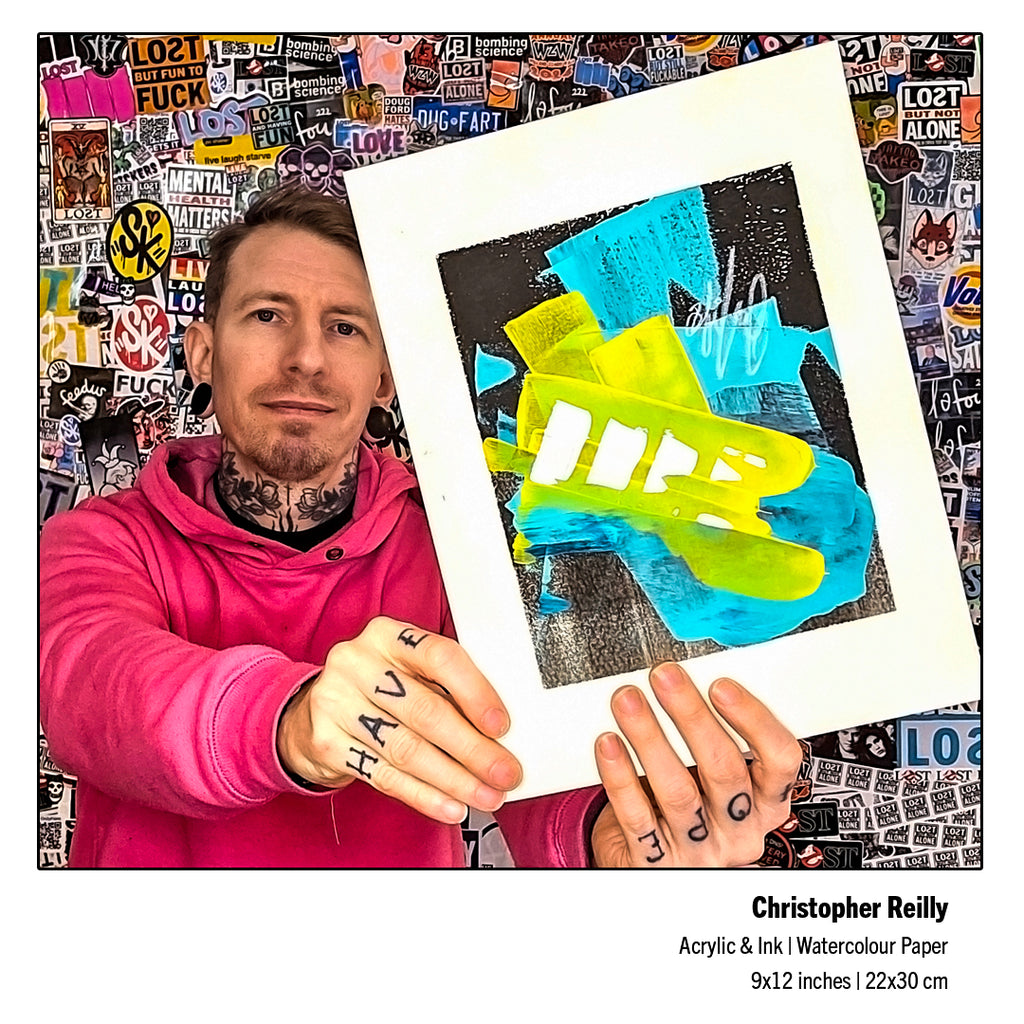 A 15-second product showcase video scrolling through the listing files for Painting 243 by Christopher Reilly. The video transitions from an unframed high-contrast shot of the blue and yellow abstract artwork to a beautifully styled mockup inside a modern black frame with a white mat board, closing with a close-up of the textured paper surface and a final view of the artist holding the physical piece.