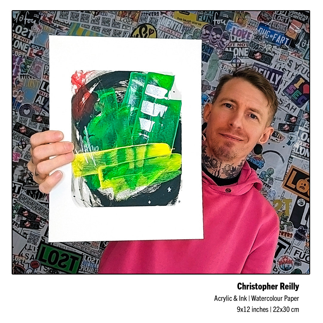 A 15-second product showcase video panning through the listing files for Painting 260 by Christopher Reilly. The video transitions from an unframed view of the green and yellow abstract artwork to a beautifully styled mockup inside a modern black frame with a white mat board, followed by a close-up of the paper details, and finishes with a shot of the artist holding the physical painting.